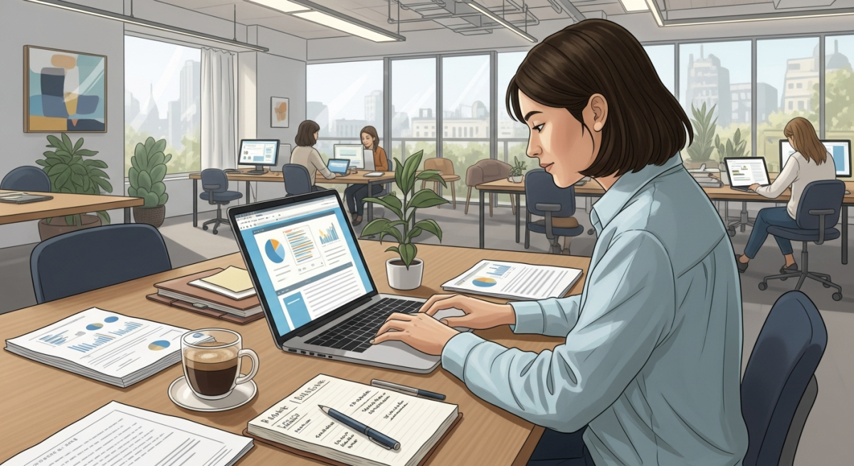 Professionnel indépendant travaillant sur un ordinateur portable dans un espace moderne, symbolisant le travail en freelance et l’autonomie professionnelle.