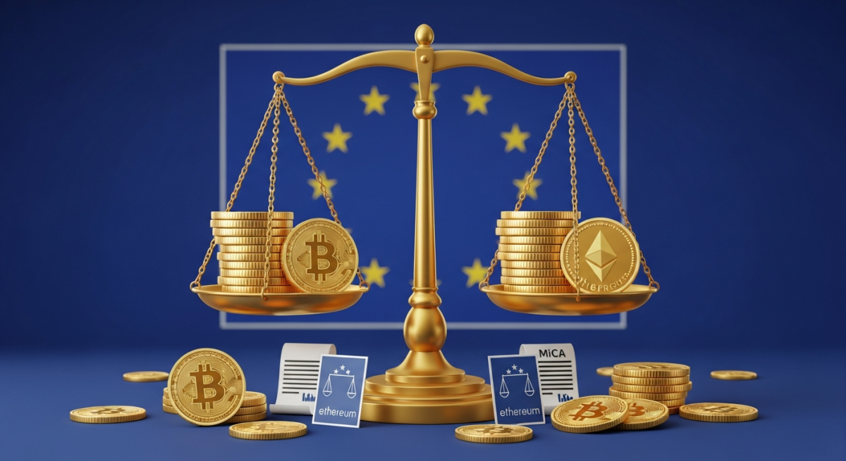Illustration symbolisant la régulation des cryptomonnaies en Europe avec le drapeau de l’Union européenne, une balance de justice et des pièces de bitcoin.